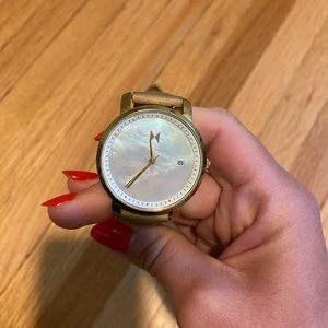 MVMT watch - Pearl head tan leather band with gold hardware